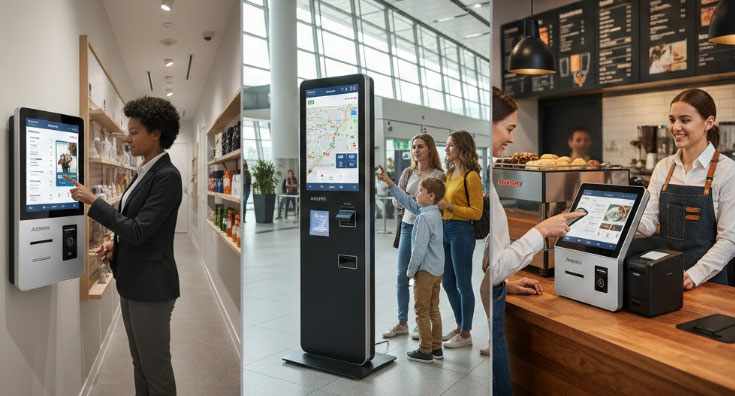 What are the different installation options for self-service kiosks? (Wall-mounted / Freestanding / Desktop)