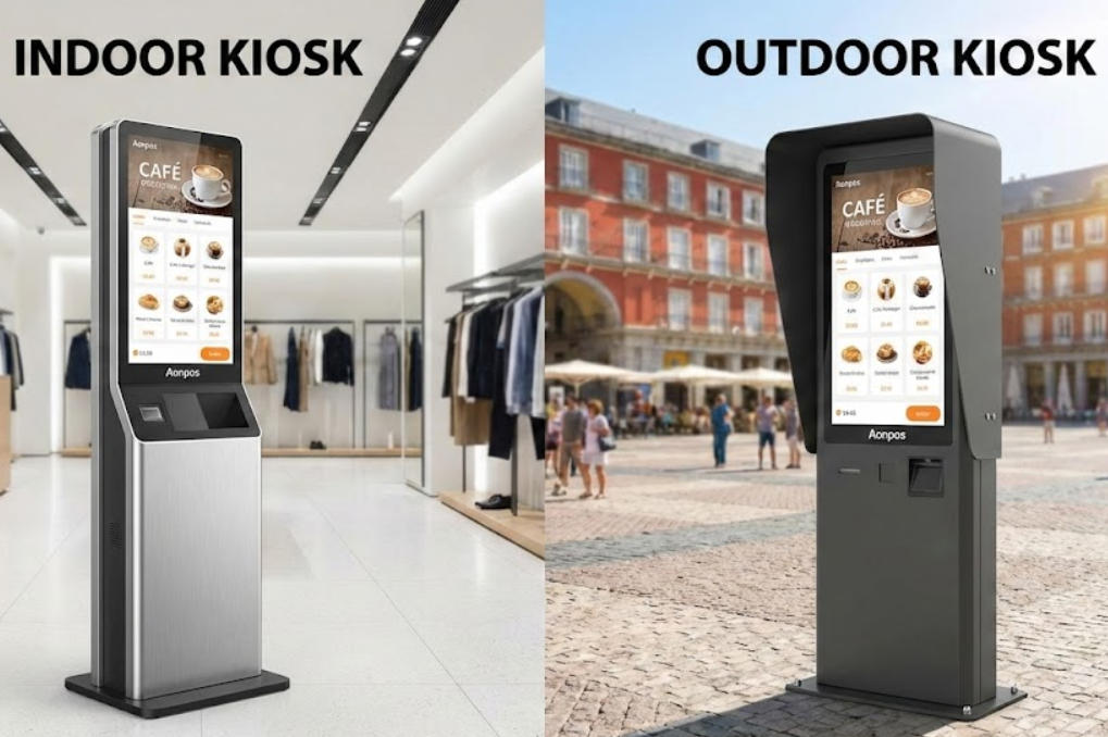 What are the differences between outdoor and indoor self-service kiosks?
